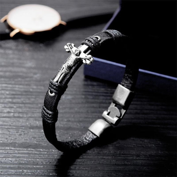 men's cross leather crucifix bracelet
