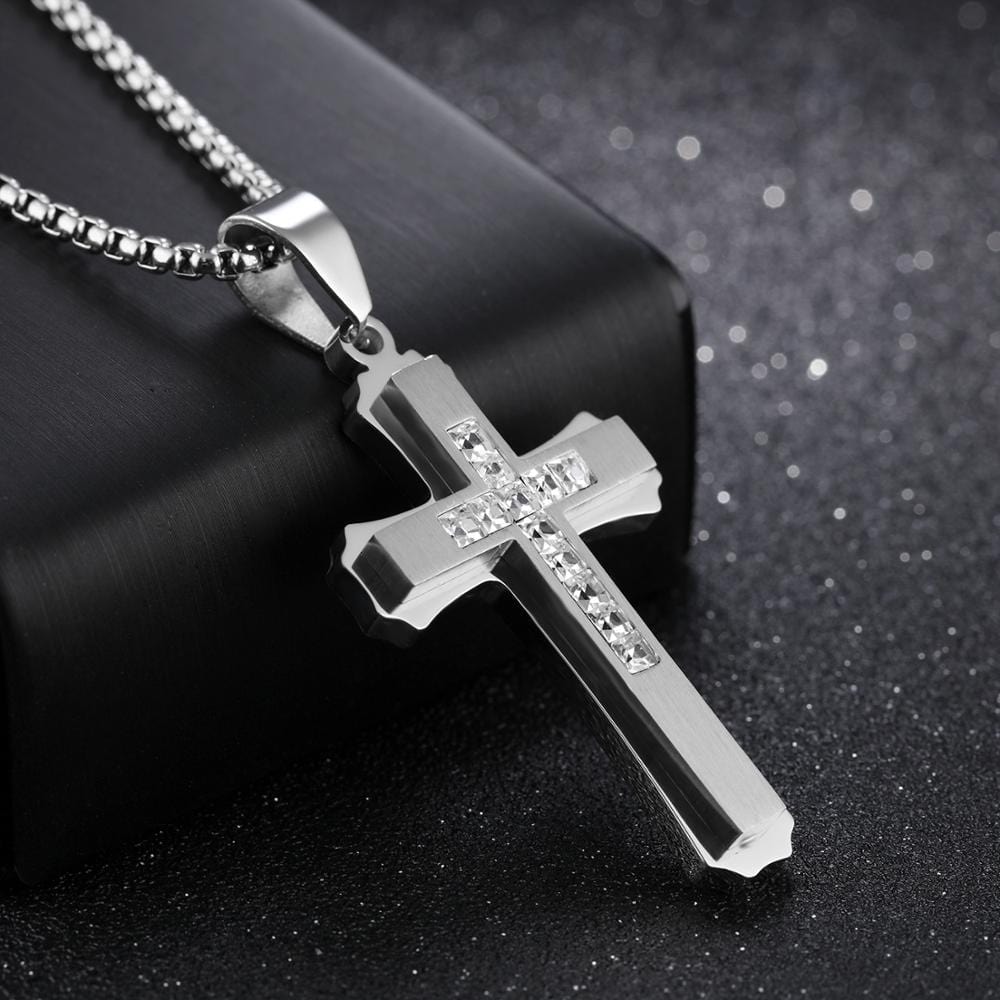 Mens silver diamond cross necklace Clearance