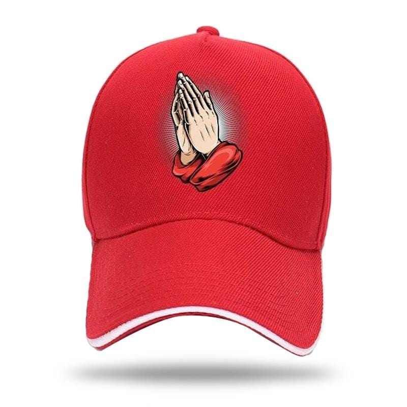 prayer hands cap red