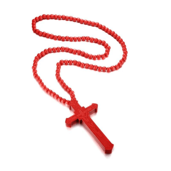 Wooden Bead Cross Necklace red