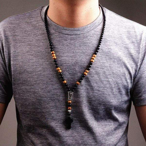 Men's Wood Beaded Cross Necklace Rosary