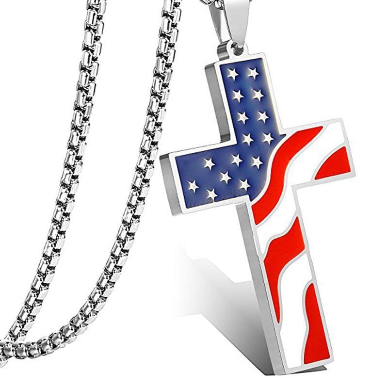 American Flag Cross Necklace silver