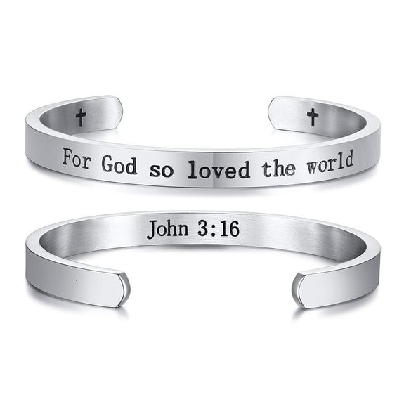 cuff bracelet with bible verse john 3:16 silver