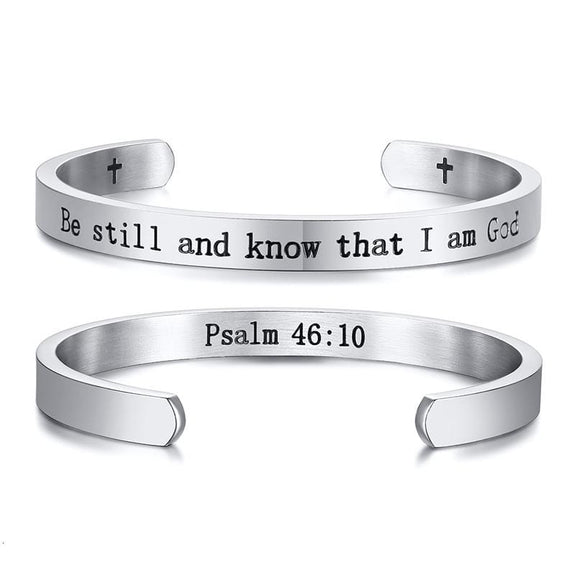 cuff bracelet with bible verse psalm 46:10 silver