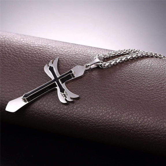 Men's Angel Cross Necklace wings silver