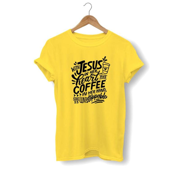 with-jesus-in-her-heart-and coffee in her hand shirt