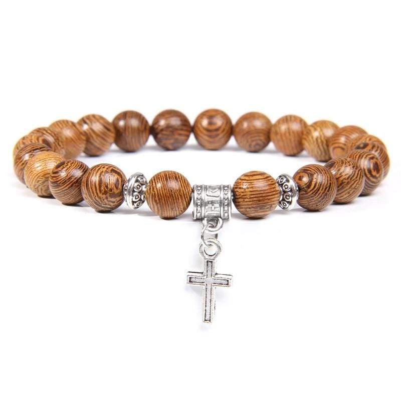 wooden bead bracelet with cross